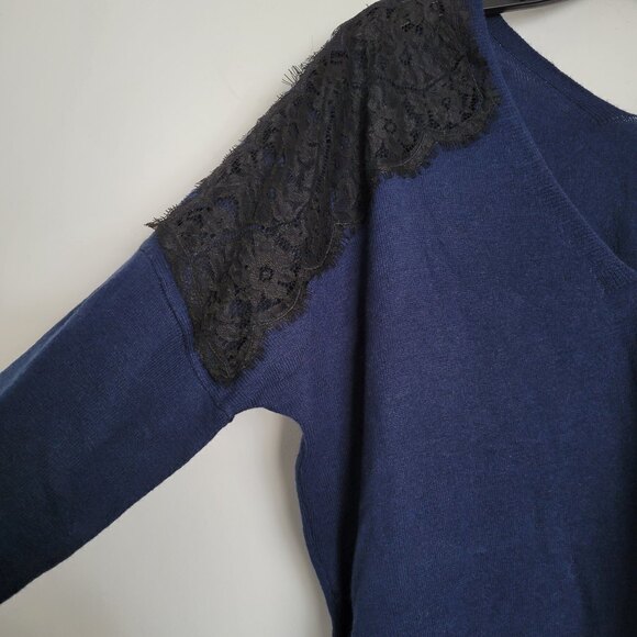 NEW Express Wool V Neck Long Sleeve Pullover Sweater Black Lace Shoulder Large - Picture 6 of 15